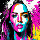 Multicolored skin tones woman with pink and white feathers on black background