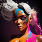 Colorful digital portrait: Woman with white hair, galaxy makeup, floral tattoo.