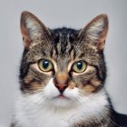 Striking amber-eyed black and white cat on blurred blue backdrop