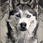 Monochrome image: Husky dog with blue eyes & symmetrical facial markings