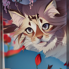 Vibrant cat face art with large eyes in autumn leaves and cherry blossoms