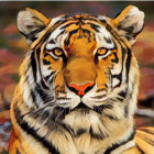 Vivid tiger portrait with intricate patterns on wooden backdrop