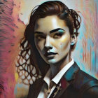 Stylized digital portrait: Woman with retro waves hairstyle, bold eyebrows, leather jacket.