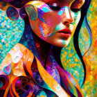 Colorful Psychedelic Pattern Merge with Woman's Hair and Headpiece