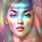 Colorful digital portrait: stylized woman with striking eyes, decorative headpiece, and translucent veil