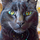 Colorful Digital Artwork: Cat with Amber Eyes and Cosmic Patterns