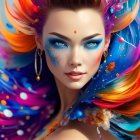 Vibrant multicolored hair and blue eyes with matching glittery makeup