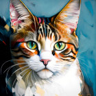 Vivid Cat Art with Orange, Black, and White Fur on Blue Background