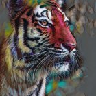 Colorful Tiger Head Illustration with Dynamic Paint Splashes