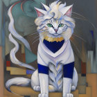 Stylized white cat with blue eyes and golden-blue accents among paper flowers.