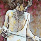 Shirtless man with headband, holding guitar - Watercolor painting