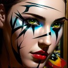 Vibrant Woman's Face with Colorful Paint Drips and Green Eyes