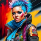 Vibrant blue spiked hair, intense makeup, and colorful leather jacket in autumnal setting