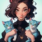 Woman with Blue Eyes, Kittens, and Ornate Jewelry in Ethereal Illustration