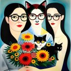 Stylized figures: two women, a cat with glasses, and vibrant bouquet