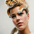 Woman's face with bold makeup and cat's face superimposed on forehead on neutral background