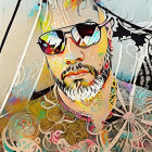 Colorful abstract digital portrait of a bearded man with sunglasses and geometric patterns