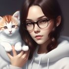 Woman Holding Two Cats with Glasses Against Soft-Lit Background