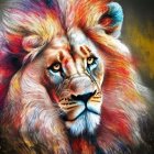 Colorful Lion Illustration with Purple, Blue, and Gold Mane and Tribal Patterns