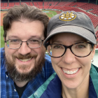 Vibrant portrait of a man and woman with glasses in colorful mosaic pattern