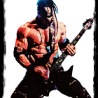 Shirtless male guitarist with body paint playing electric guitar against dark backdrop