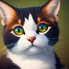 Detailed illustration of a colorful cat with intricate patterns and green eyes