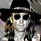 Person with Wavy Hair in Sunglasses and Wide-Brimmed Hat Portrait