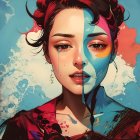 Colorful digital portrait of woman with abstract makeup and hummingbird in cityscape.