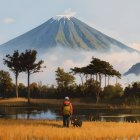 Person in blue coat in front of stylized Mount Fuji with colorful trees under vibrant sky