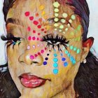 Intricate, colorful patterns on woman's face blend shapes and hues