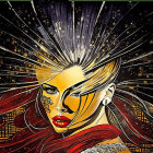 Stylized woman's face with golden accents in cosmic setting