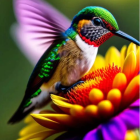 Colorful Hummingbird Painting on Yellow and Red Flower Against Green Background