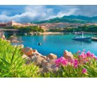 Serene river scene with boats, vibrant flora, and quaint houses under blue sky