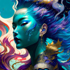 Colorful digital artwork: Woman with blue skin, multicolored hair, gold accents.