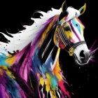 Colorful Horse Illustration with Intricate Patterns and Multicolored Mane on Black Background