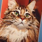 Detailed digital artwork: Cat in ornate golden armor, blue eyes, intricate designs, red background