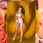 Woman modeling lingerie in front of yellow backdrop with large pastel flowers and accessories.