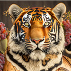 Colorful tiger illustration with orange and black stripes and golden jewelry