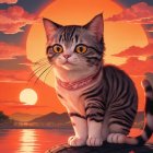 Colorful Cat Illustration with Geometric Pattern Against Sunset Castle Scene