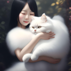 Dark-haired woman in white attire holding a unique white cat on a dark background with golden details