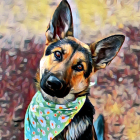 Digitally altered German Shepherd dog with green bandana and vibrant colors