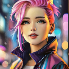 Vibrant pink hair woman portrait with cosmic collar on bokeh background