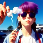 Purple-haired person exhales smoke pulled by hand with red nails