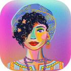 Vibrant digital artwork: stylized woman with mosaic pattern, geometric accessories, pastel background