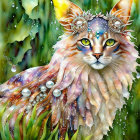 Colorful Cat Painting with Floral Coat on Green Background