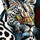 Detailed painting of leopard head with intense eyes and spotted fur on dark background.