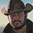 Stylized painting of rugged man in cowboy hat gazes forward