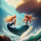 Mermaids chatting near whale in vivid underwater scene