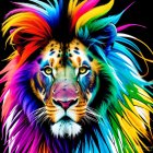 Colorful Lion Painting with Rainbow Mane on Black Background