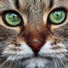 Detailed cat face illustration with forest scenery reflected in eyes, leaves, and feathers.